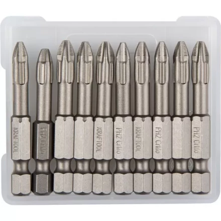 Биты &quot;ЕХPERT&quot; торсионные кованые, обточенные, KRAFTOOL 26121-2-50-10, Cr-Mo сталь, тип хвостовика E 1/4&quot;, PH2, 50мм, 10шт 26121-2-50-10 купить в Кургане