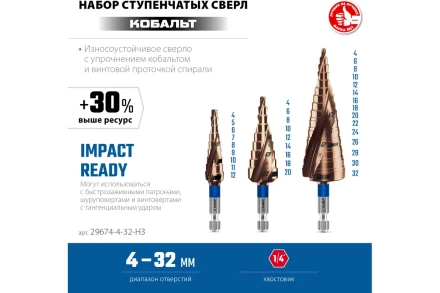 ЗУБР КОБАЛЬТ 3 шт, 4-32мм, винтовая проточка, набор ступенчатых сверл, ПРОФЕССИОНАЛ (29674-4-32-H3) купить в Кургане