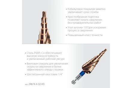 ЗУБР КОБАЛЬТ 3 шт, 4-32мм, винтовая проточка, набор ступенчатых сверл, ПРОФЕССИОНАЛ (29674-4-32-H3) купить в Кургане