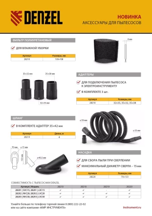 Шланг для пылесоса 4 м с адаптерами для Denzel RVC20, RVC30, LVC20, LVC30 28219 купить в Кургане