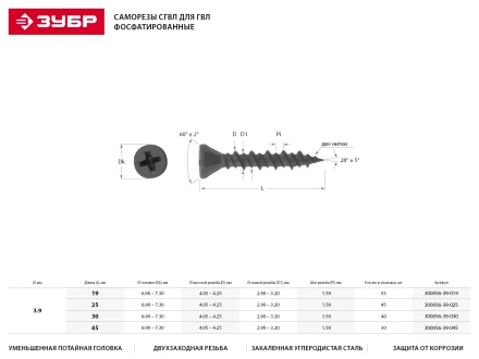 Саморезы ЗУБР &quot;МАСТЕР&quot; фосфатированные, для гипсоволоконных листов, двухзаходная резьба, 3.9x30мм, 40шт 300056-39-030 купить в Кургане