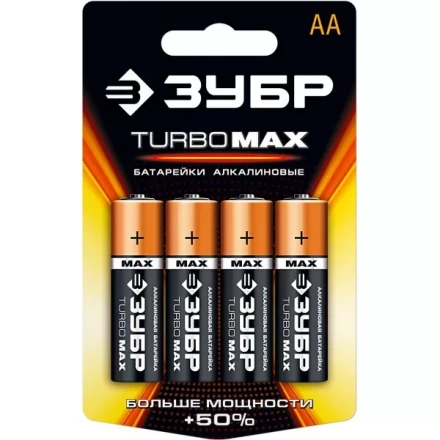 Батарейка ЗУБР &quot;TURBO MAX&quot; щелочная (алкалиновая), тип AA, 1,5В, 4шт на карточке 59206-4C купить в Кургане