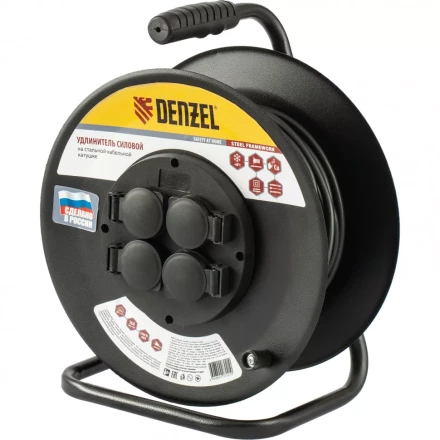 Удлинитель силовой на стальной катушке ПВС 3 х 2,5 мм 20 м 4 розетки 16 А тип УХз-16 Denzel 95983 купить в Кургане