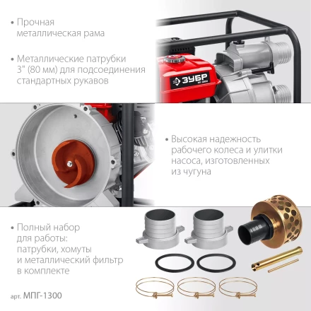 ЗУБР 1300 л/мин, мотопомпа бензиновая для грязной воды (МПГ-1300) купить в Кургане