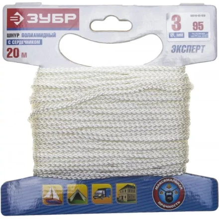 Шнур ЗУБР полиамидный, плетеный, повышенной нагрузки, с сердечником, белый, d 3, 20м 50310-03-020 купить в Кургане