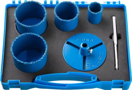 Набор кольцевых коронок ЗУБР &quot;ПРОФЕССИОНАЛ&quot; c карбид-вольфрамовым нанесением, 6 предм. в кейсе: коронки O 33, 53, 67, 73 мм, основание, сверло 33350-H6_z01 купить в Кургане