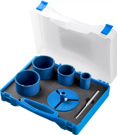 Набор кольцевых коронок ЗУБР &quot;ПРОФЕССИОНАЛ&quot; c карбид-вольфрамовым нанесением, 6 предм. в кейсе: коронки O 33, 53, 67, 73 мм, основание, сверло 33350-H6_z01 купить в Кургане