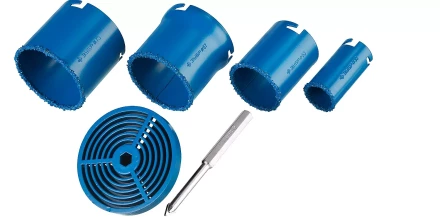 Набор кольцевых коронок ЗУБР &quot;ПРОФЕССИОНАЛ&quot; c карбид-вольфрамовым нанесением, 6 предм. в кейсе: коронки O 33, 53, 67, 73 мм, основание, сверло 33350-H6_z01 купить в Кургане