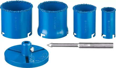 Набор кольцевых коронок ЗУБР &quot;ПРОФЕССИОНАЛ&quot; c карбид-вольфрамовым нанесением, 6 предм. в кейсе: коронки O 33, 53, 67, 73 мм, основание, сверло 33350-H6_z01 купить в Кургане