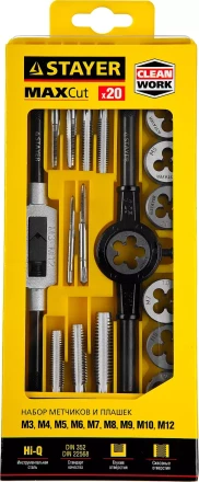 Набор метчиков и плашек STAYER &quot;MASTER&quot;, метчикодержатель 1шт, плашкодержатель 1шт, метчики 9шт, плашки 9шт, 20 предметов 28012-H20 купить в Кургане
