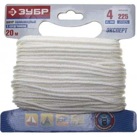Шнур ЗУБР полиамидный, плетеный, повышенной нагрузки, с сердечником, белый, d 4, 20м 50310-04-020 купить в Кургане