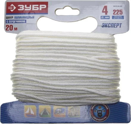 Шнур ЗУБР полиамидный, плетеный, повышенной нагрузки, с сердечником, белый, d 4, 20м 50310-04-020 купить в Кургане
