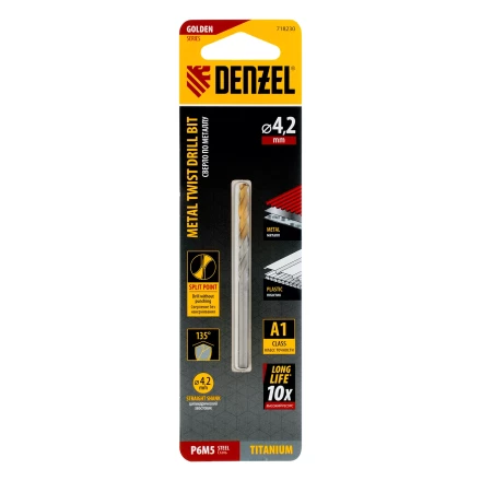 Сверло спиральное по металлу Denzel 4,2 x 75 мм, Р6М5, Golden Tip, 718230 купить в Кургане