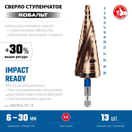 ЗУБР КОБАЛЬТ 6-30мм, 13 ступеней, винтовая проточка, сверло ступенчатое, ПРОФЕССИОНАЛ (29674-6-30-13) купить в Кургане