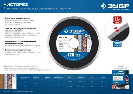 ЗУБР Чисторез, 115 мм, (22.2 мм, 5 х 1.1 мм), сплошной алмазный диск, Профессионал (36663-115) купить в Кургане