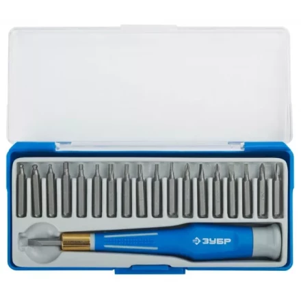 Набор ЗУБР Отвертка &quot;ЭКСПЕРТ&quot; для точных работ, CR-V, двухкомпонентная рукоятка,сменные биты, 20предметов 25622-H20 купить в Кургане