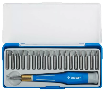 Набор ЗУБР Отвертка &quot;ЭКСПЕРТ&quot; для точных работ, CR-V, двухкомпонентная рукоятка,сменные биты, 20предметов 25622-H20 купить в Кургане