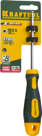 Отвертка KRAFTOOL, Cr-Mo-V сталь, двухкомпонентная противоскользящая рукоятка, HEX, №5x100мм 250075-5-100 купить в Кургане