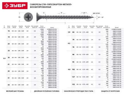 Саморезы фосфатированные с мелкой резьбой, гипсокартон-металл, ЗУБР 300015-42-070, PH2, 4,2 x 70 мм, 400 шт 300015-42-070 купить в Кургане