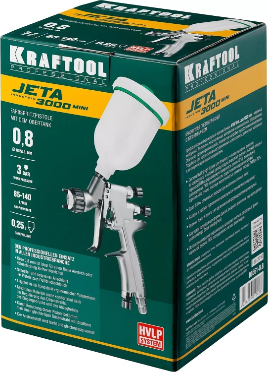 Краскопульт пневматический KRAFTOOL "PRO" Jeta 3000 mini, HVLP, c верхним бачком, 0,8мм 06561-0.8 купить в Кургане