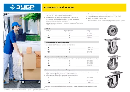 ЗУБР d 50 мм, г/п 35 кг, резина/полипропилен, поворотное колесо (30956-50-S) купить в Кургане