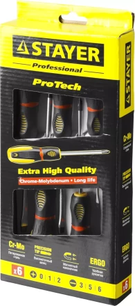 Набор STAYER "PROFESSIONAL" "PROTech": Отвертки, Cr-Mo, эргономичная двухкомпонентная рукоятка, 6шт 25133-H6_z02 купить в Кургане