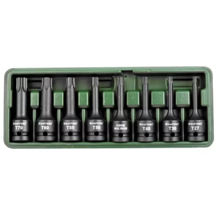 Торцовые головки KRAFTOOL &quot;INDUSTRIE QUALITAT&quot; ударные в наборе, (1/2&quot;), Cr-Mo, фосфат., TORX, T27-T70, 8 шт. 27952-H8 купить в Кургане
