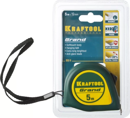 Рулетка KRAFTOOL GRAND, обрезиненный пластиковый корпус, 5м/19мм 34022-05-19 купить в Кургане