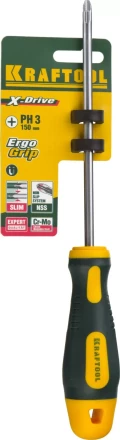 Отвертка KRAFTOOL, Cr-Mo-V сталь, двухкомпонентная противоскользящая рукоятка, PH, №3x150мм 250072-3-150 купить в Кургане