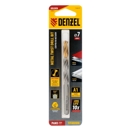 Сверло спиральное по металлу Denzel 7,0 x 109 мм, Р6М5, Golden Tip, 718237 купить в Кургане