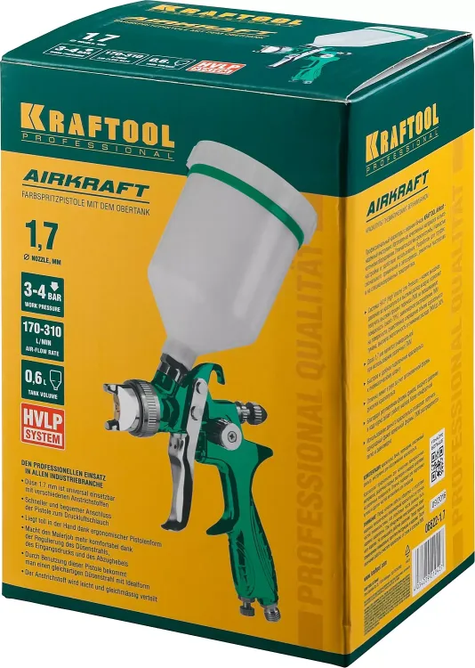 Краскопульт пневматический KRAFTOOL AirKraft, HVLP, с верхним бачком, 1,7мм 06522-1.7 купить в Кургане