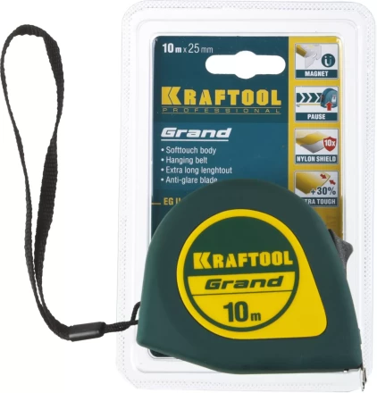 Рулетка KRAFTOOL GRAND, обрезиненный пластиковый корпус, 10м/25мм 34022-10-25 купить в Кургане