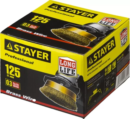STAYER &quot;PROFESSIONAL&quot;. Щетка чашечная для УШМ, витая стальная латунированная проволока 0,3мм, 125ммхМ14 35125-125 купить в Кургане