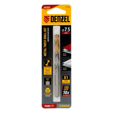 Сверло спиральное по металлу Denzel 7,5 x 109 мм, Р6М5, Golden Tip, 718238 купить в Кургане