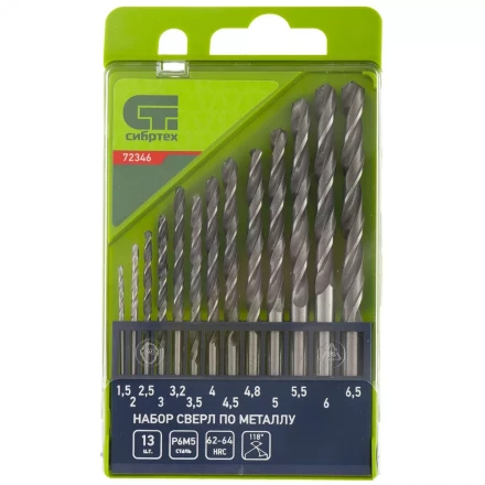 Набор сверл по металлу 1,5 - 6,5 мм 13 штук Р6М5 пластиковый кейс СИБРТЕХ артикул 72346 купить в Кургане