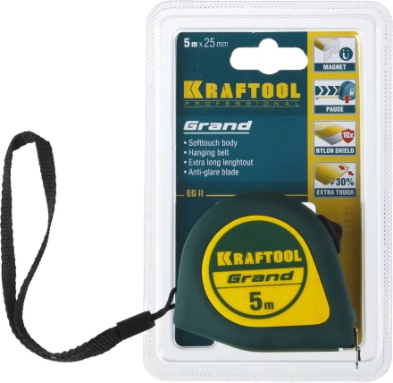 Рулетка KRAFTOOL GRAND, обрезиненный пластиковый корпус, 5м/25мм 34022-05-25 купить в Кургане