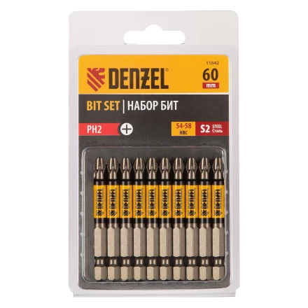 Бита PH2х60, сталь S2, цилиндр., 10 шт. Е 6,3 Denzel 11642 купить в Кургане