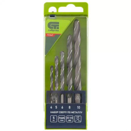 Набор сверл по металлу 4 - 10 мм 5 штук Р6М5 пластиковый кейс СИБРТЕХ артикул 72347 купить в Кургане