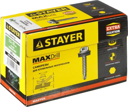 Саморезы СКМ кровельные, RAL 6002 зеленый лист, 25 x 5.5 мм, 420 шт, для металлических конструкций, STAYER 30305-55-025-6002 купить в Кургане