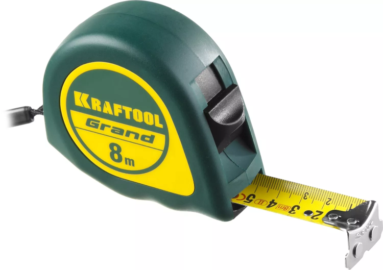 Рулетка KRAFTOOL GRAND, обрезиненный пластиковый корпус, 8м/25мм 34022-08-25 купить в Кургане