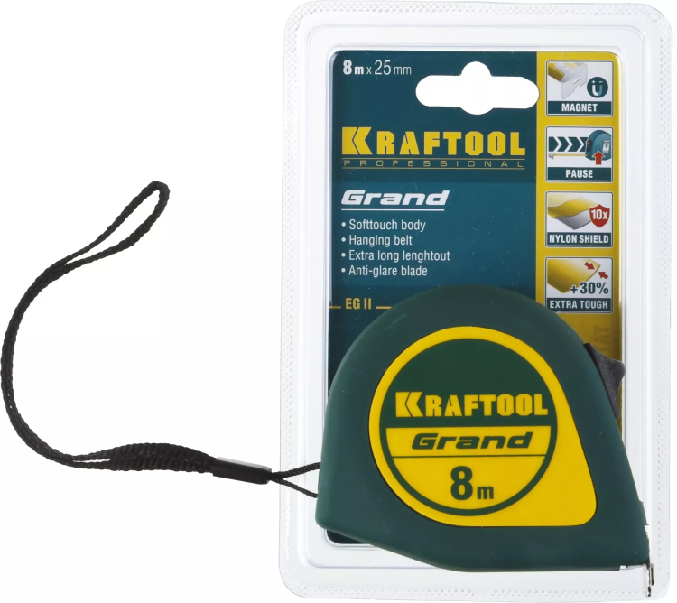 Рулетка KRAFTOOL GRAND, обрезиненный пластиковый корпус, 8м/25мм 34022-08-25 купить в Кургане