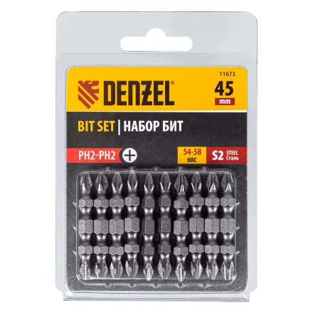 Бита двухсторонняя, PH2-PH2 х 45 мм, сталь S2, 10 шт. Denzel 11673 купить в Кургане