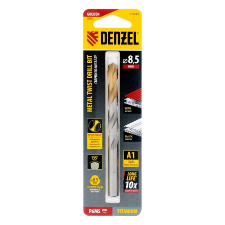 Сверло спиральное по металлу Denzel 8,5 x 117 мм, Р6М5, Golden Tip, 718240 купить в Кургане