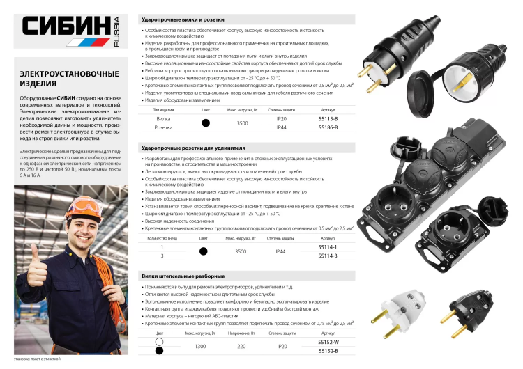 Вилка СИБИН электрическая, разборная, 6А/220В, черная 55152-B купить в Кургане