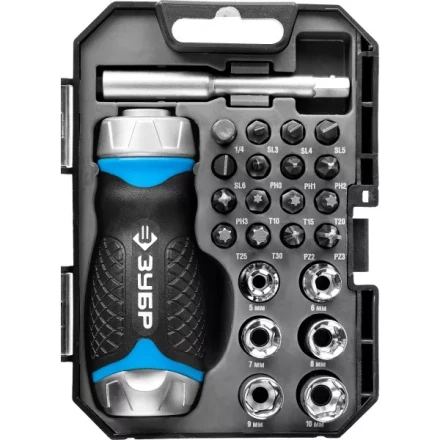 Набор ЗУБР &quot;ПРОФЕССИОНАЛ&quot;: Отвертка реверсив с двухкомп рукоят, насадки, CrMo, рукоят с отсеком для хранения бит, 24 предмета 25353-H24 купить в Кургане