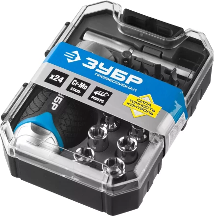 Набор ЗУБР &quot;ПРОФЕССИОНАЛ&quot;: Отвертка реверсив с двухкомп рукоят, насадки, CrMo, рукоят с отсеком для хранения бит, 24 предмета 25353-H24 купить в Кургане