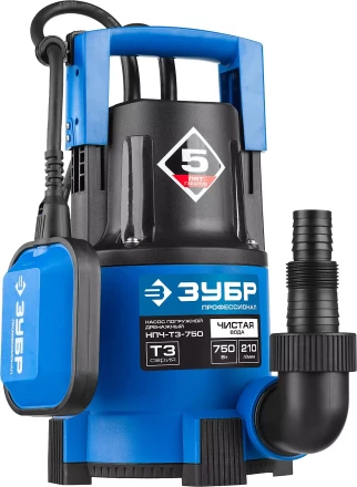 Насос ЗУБР &quot;ПРОФЕССИОНАЛ&quot; Т3 погружной дренажный для чистой воды (d пропускаемых частиц до 5мм), 750Вт, пропускная способность 210л/мин, напор 8,5м НПЧ-Т3-750 купить в Кургане