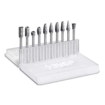 Зубр Набор твердосплавных борфрез для гравера, 10 шт.: 6 мм: B0616, C0616, D0605, E0610, F0618, G0618, H0618, L0616, M0618, N0608 (28816-H10) купить в Кургане