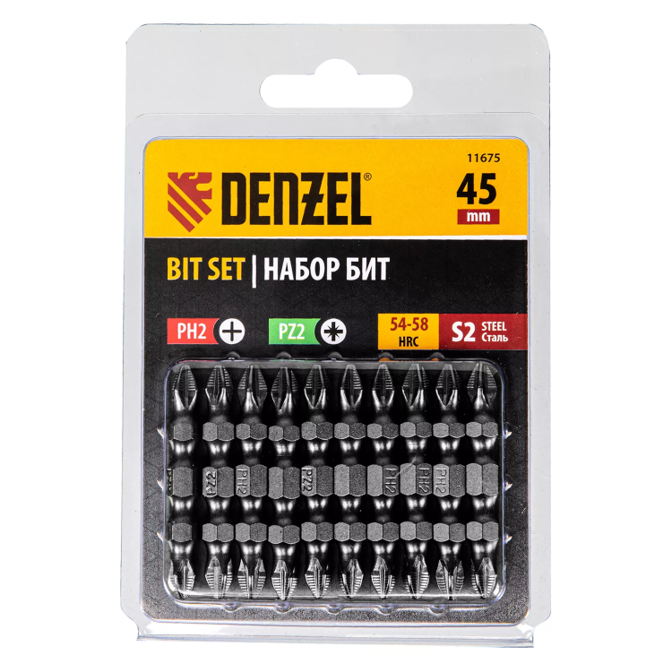 Бита двухсторонняя, PH2-PZ2 х 45 мм, сталь S2, 10 шт. Denzel 11675 купить в Кургане