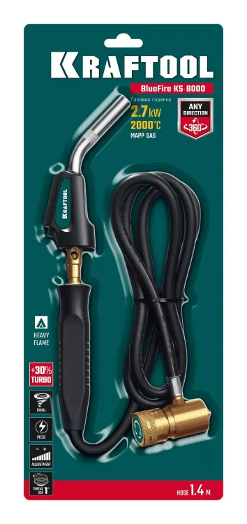 Blue Fire KS-8000  горелка для МАПП / MAPP газа,  с пъезоподжигом, на баллон c резьбовым соединением US 1, 2000°C 55512 купить в Кургане
